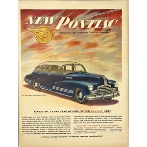 Pontiac 4-Door Streamliner Sedan "Low Priced Quality Cars" Illustration Ad 1946